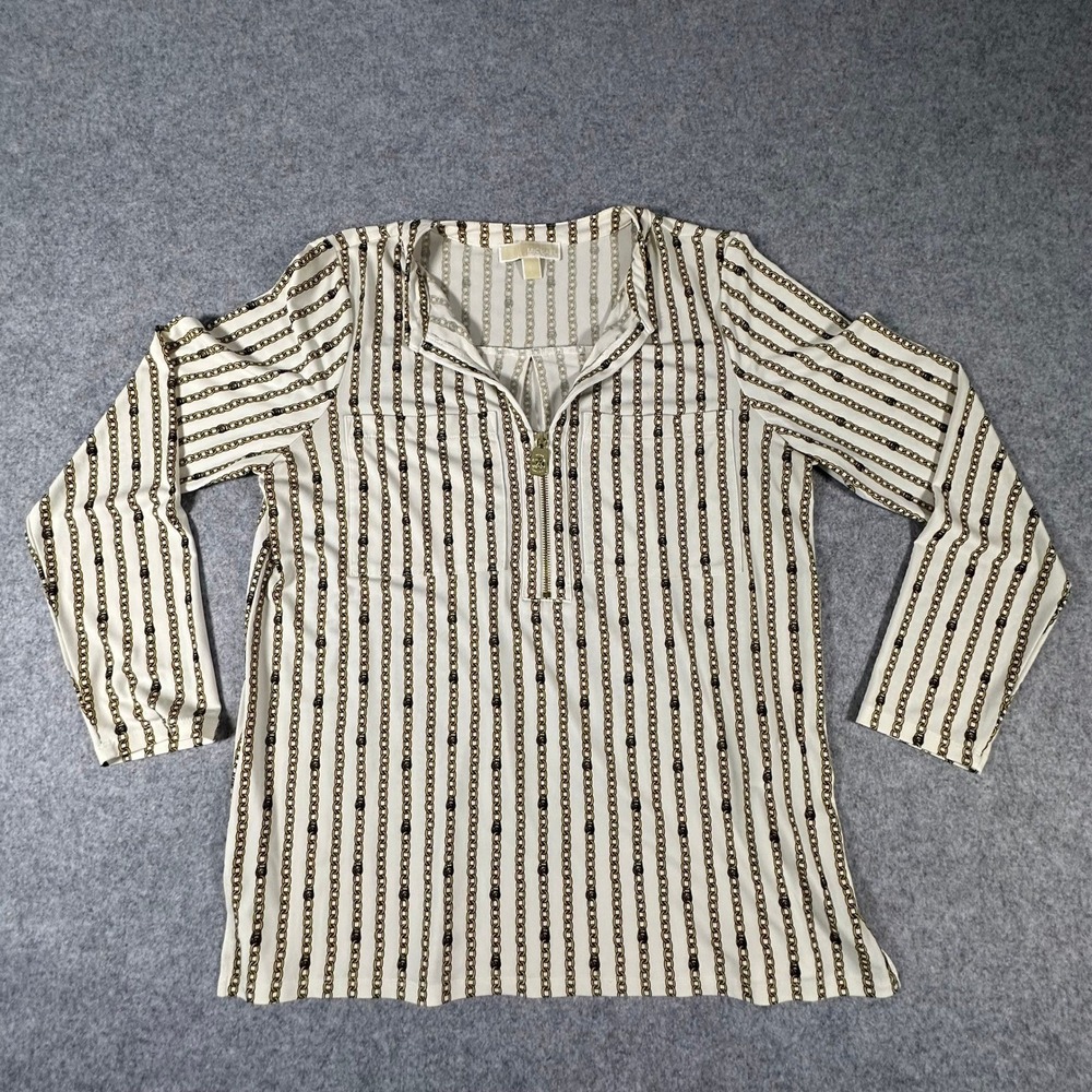 Michael Kors Blouse Womens Large White Chain Print Quarter Zip Long Sleeve